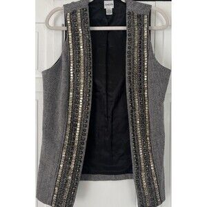 CHICO'S Vest Grey Tweed Wool Blend Metal Embellished Beadwork Size 1